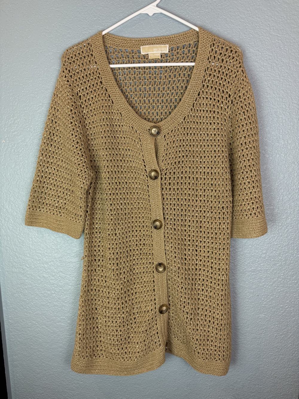 Michael Kors Sweater Womens XL Gold Tan Open Knit Button Front Cardigan Metallic